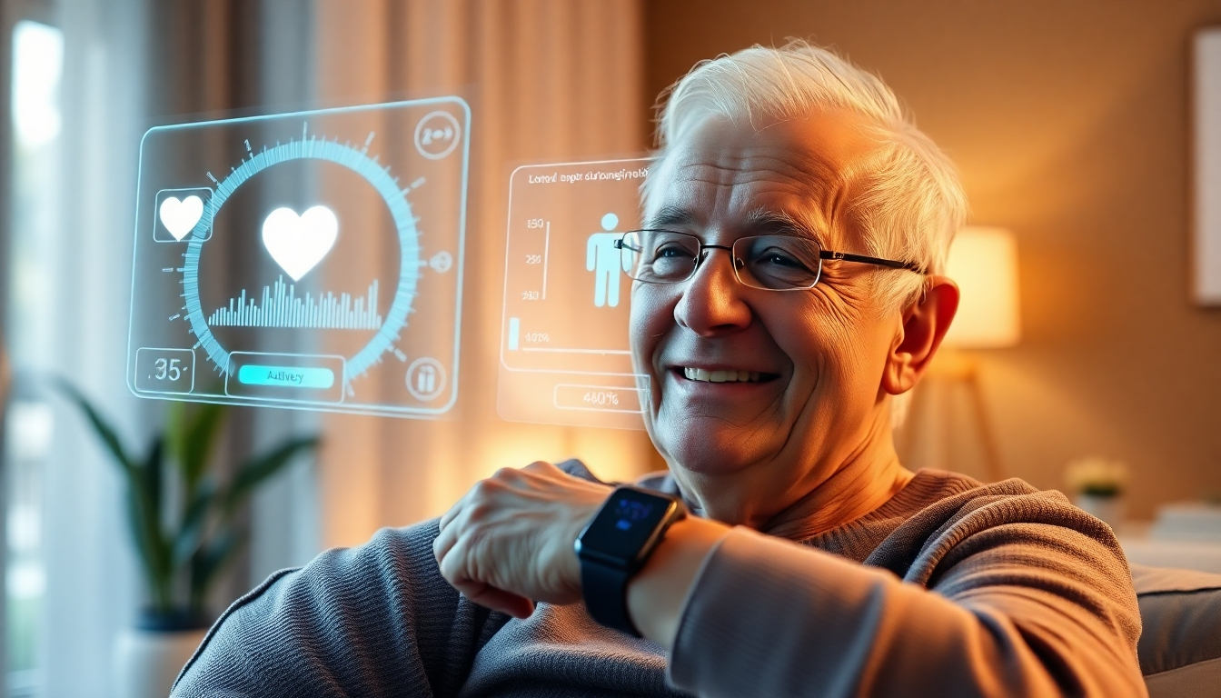AIによる健康モニタリングシステムを使用する高齢者 - スマートウォッチとホログラム表示で体調管理